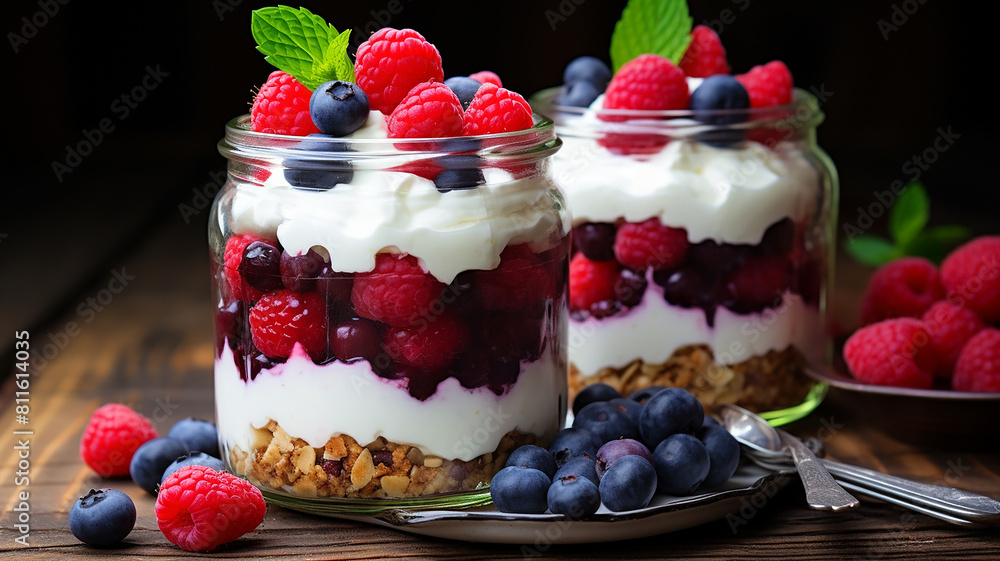 Blueberry and raspberry parfaits in mason jars, still life against a rustic wood background Blueberry and raspberry parfaits in mason jars, still life against a rustic wood background