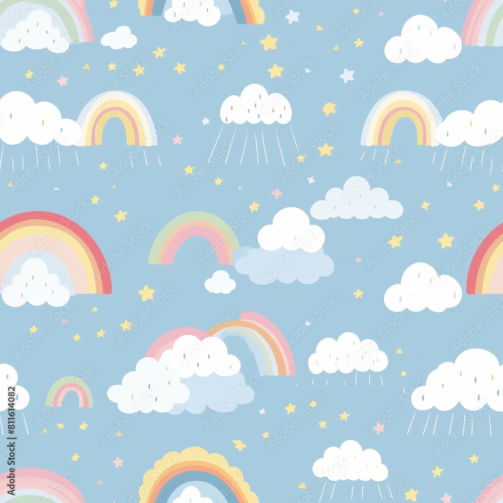 A whimsical pattern filled with colorful rainbows, fluffy clouds, and stars set against a soft sky blue background for a dreamy atmosphere. A whimsical pattern filled with colorful rainbows, fluffy clouds, and stars set against a soft sky blue background for a dreamy atmosphere.