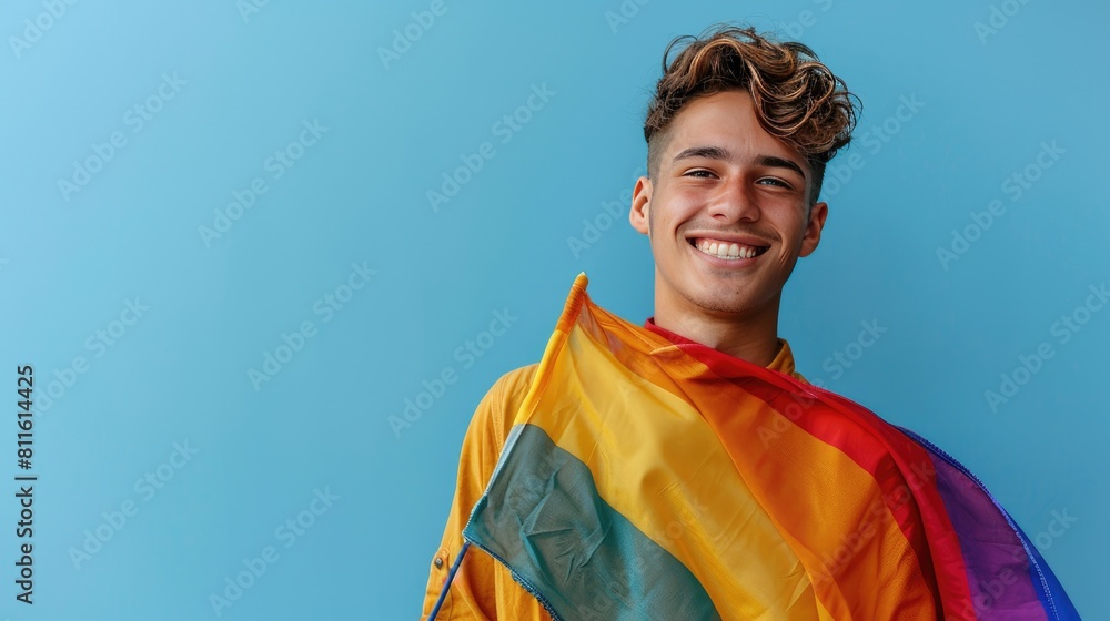 Fototapeta premium Smiling Young Man Holding a Rainbow Flag on Blue Background