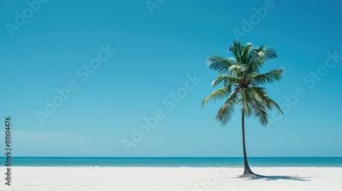 A palm tree stands on the sandy beach near the vast ocean, under a clear blue sky with fluffy clouds, adding to the beautiful coastal natural landscape AIG50 © Summit Art Creations