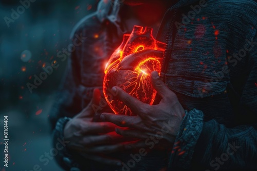 Mysterious Man Holding a Glowing Red Heart in a Dark Setting