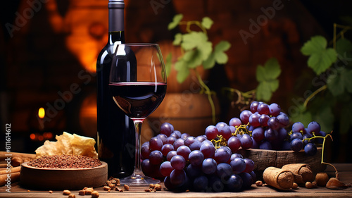Juicy blue grapes and bottles of red wine on a brown background