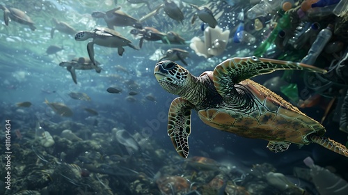 Endangered Species Day. Sea turtles have difficulty swimming due to marine pollution with plastic waste