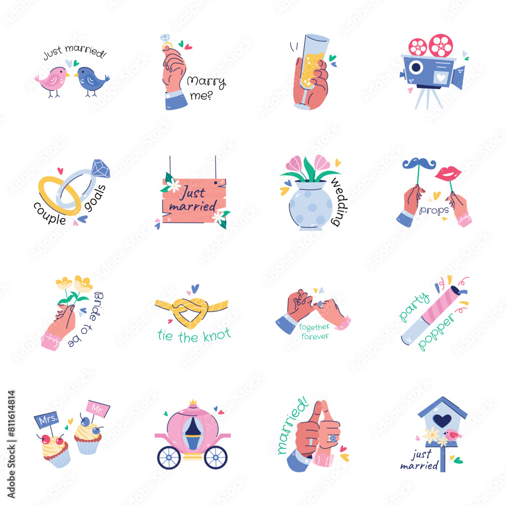 Trendy Collection of Flat Style Matrimony Stickers
Trendy Collection of Flat Style Matrimony Stickers