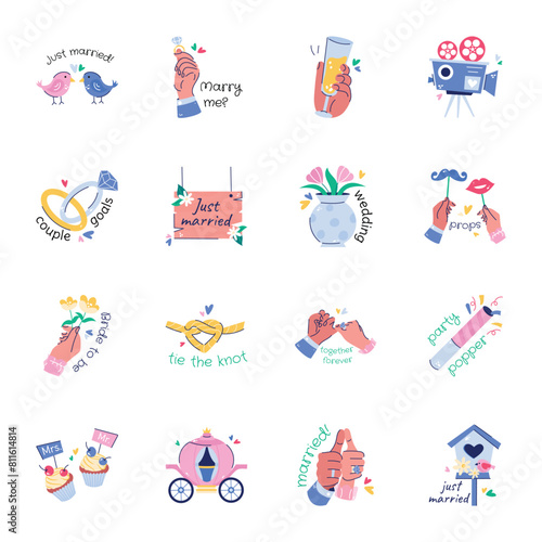 Trendy Collection of Flat Style Matrimony Stickers 

