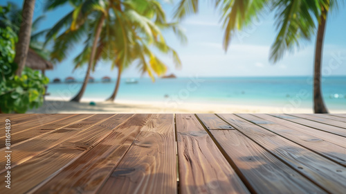 a mockup for advertising travel, sunscreen, cocktails, beach food and clothing. polished wooden table platform lower foreground blurred tropical beach scene, including palm tree fronds, 