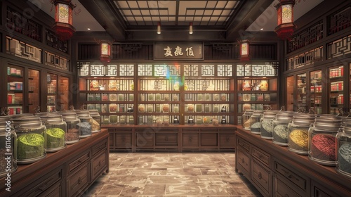 Traditional Chinese herbal medicine shop with a variety of herbs in labeled jars under warm lighting
