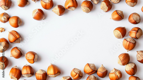 Frame made of tasty hazelnuts on white background photo
