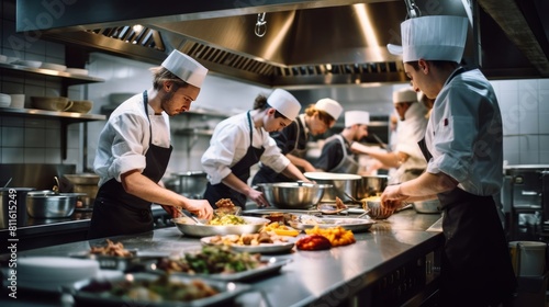 A large and glamorous Busy Kitchen restaurant with chefs and cooks working on their dishes.