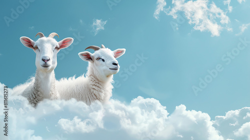Eid ul adha concept goats on blue background with clean white clouds, Happy eid day photo