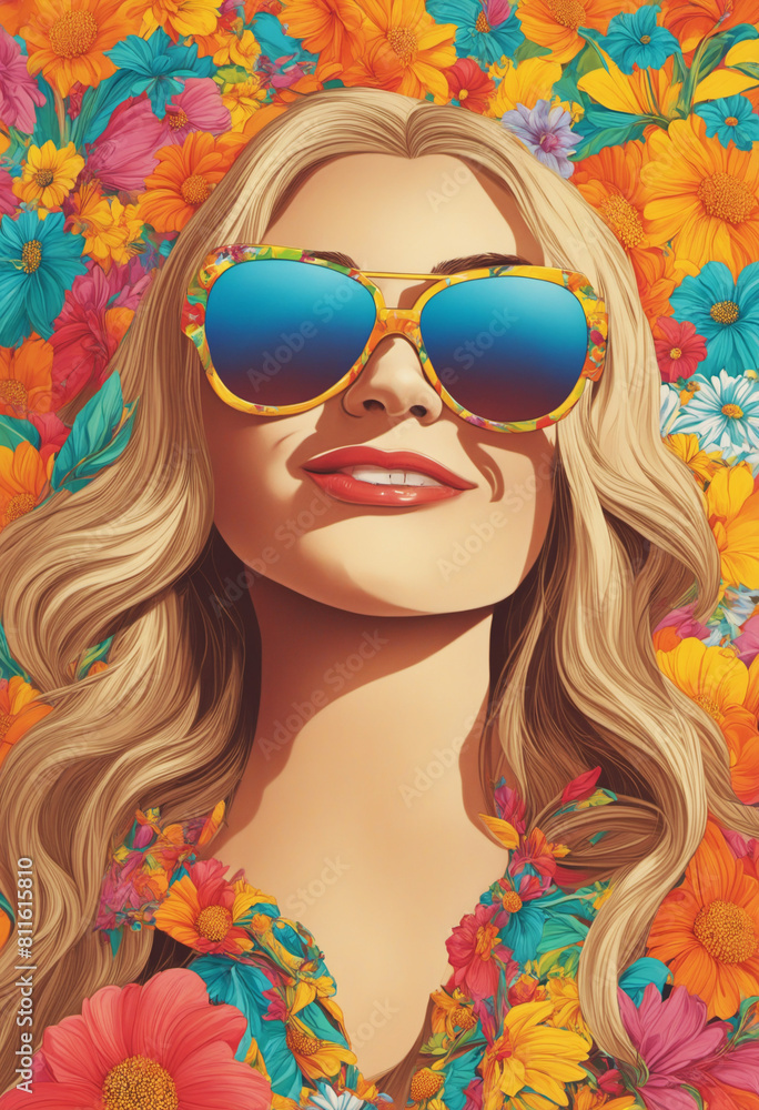 Portrait of a smiling fair-haired woman in sunglasses Colourful psychedelic 1970s Portrait of a smiling fair-haired woman in sunglasses Colourful psychedelic 1970s