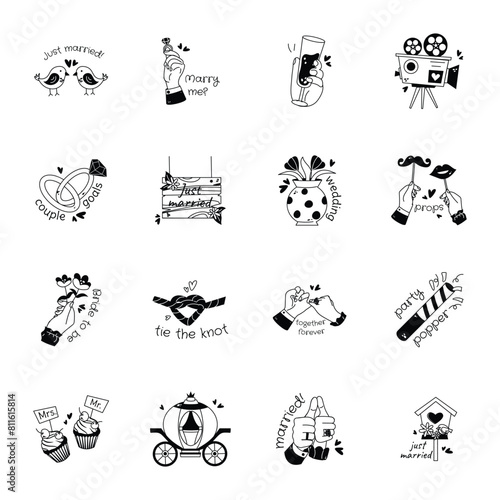 Trendy Collection of Glyph Style Matrimony Stickers 

