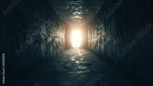 A dark tunnel with a bright light at the end photo
