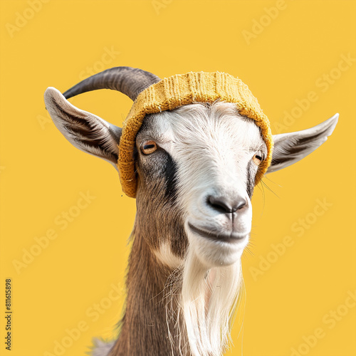 Joyful goat with cap on yellow background, Eid ul Adha Mubarak concept