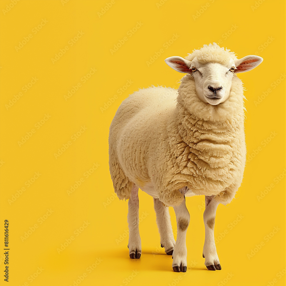 Fototapeta premium A happy Arabic sheep in a close up shot against a vibrant yellow background. Eid ul Adha mubarak concept