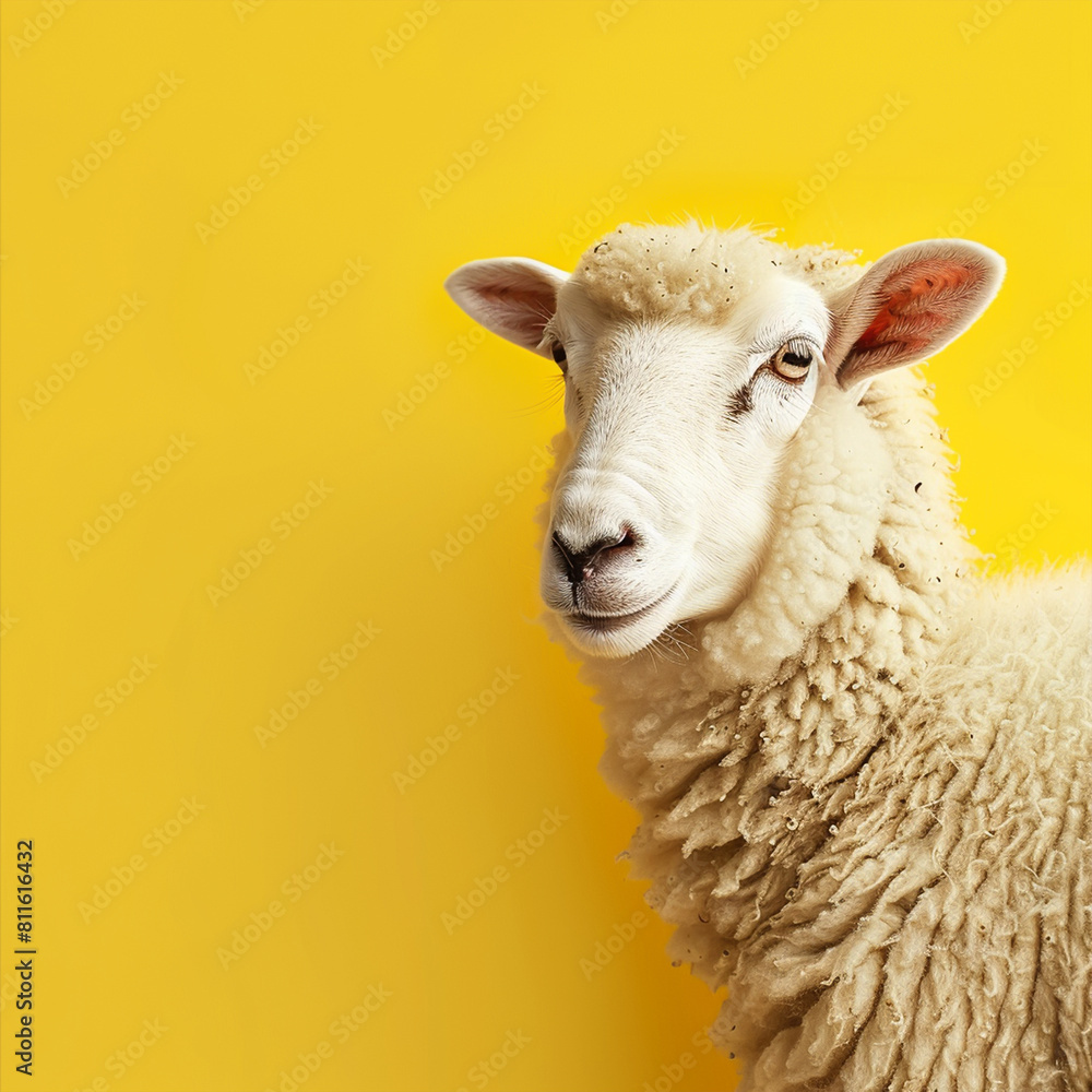 Fototapeta premium A happy Arabic sheep in a close up shot against a vibrant yellow background. Eid ul Adha mubarak concept
