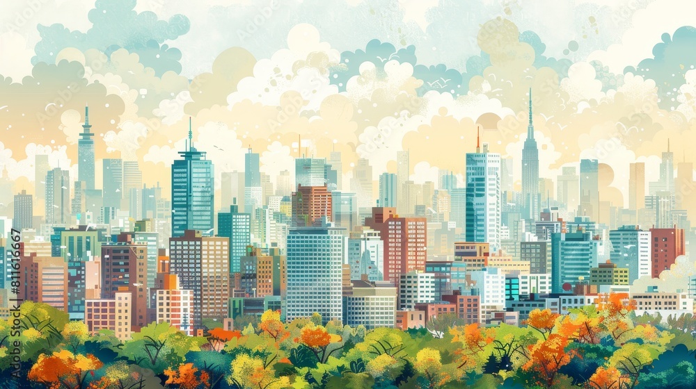 Obraz premium Urban and Street Scenes Skyline: An illustration showcasing an urban skyline