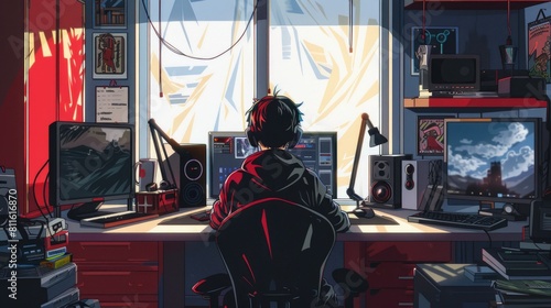 anime streamer, youtuber, sitting at the computer, wearing headphones, illustration