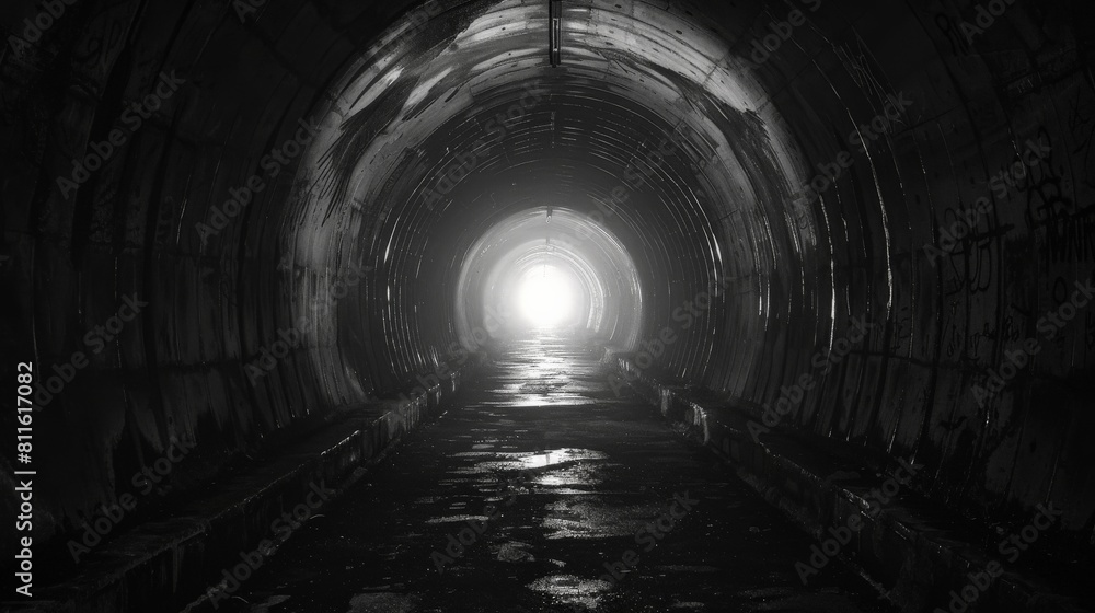 A dark and mysterious tunnel with a bright light at the end