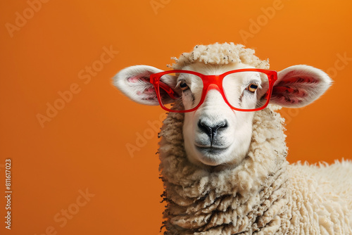 A happy joyful sheep with red glasses on orange background