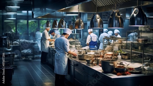 restaurant has a large modern kitchen where food is prepared; many professional chefs dressed in aprons are preparing food in the restaurant.