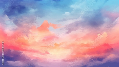 Abstract painted sky with vibrant cloud colors. Twilight sky in sunset with pastel watercolor and fantasy cloud background. Artistic background with a blend of pink, blue, and orange hues. AIG35.
