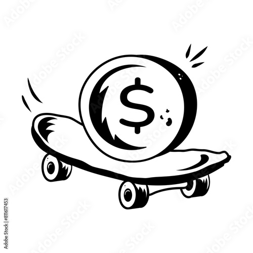 Grab this doodle icon of a skating dollar coin 