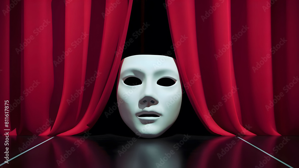 Theater masks, drama and comedy with a red curtain as backdrop