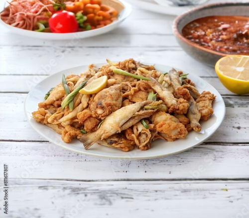 Mixed fried seafood dish with lemon slice