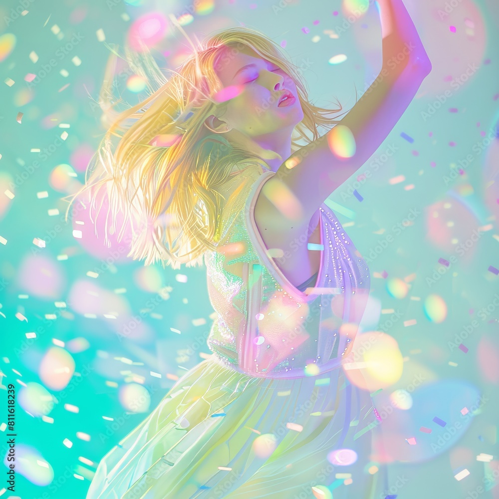 A lively summer party concept is expressed as a woman dances amid a rainfall of confetti, her face blurred, conveying the spirit of vacation, rest, and enjoyment A lively summer party concept is expressed as a woman dances amid a rainfall of confetti, her face blurred, conveying the spirit of vacation, rest, and enjoyment