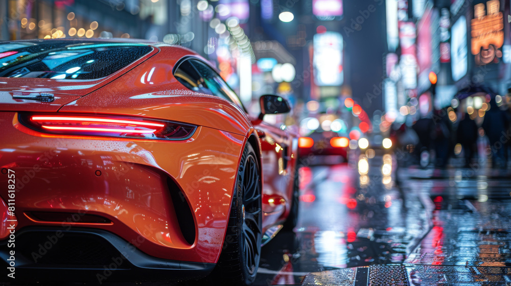 Luxury sports car in city street at night. City nightlife. Speed, power.