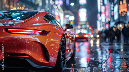 Luxury sports car in city street at night. City nightlife. Speed, power. © steve