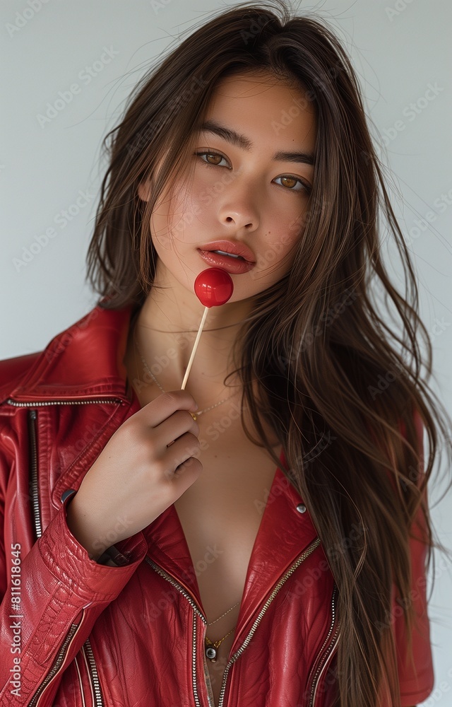 Stunning Asian woman in red leather enjoying a chocolate lollipop with her long straight hair Stunning Asian woman in red leather enjoying a chocolate lollipop with her long straight hair