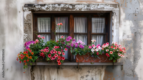 Frame a shot of flowers blooming in window boxes beneath the vintage window