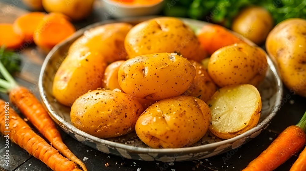 Potatoes and carrots in a bowl on a wooden table. Potatoes and carrots in a bowl on a wooden table.