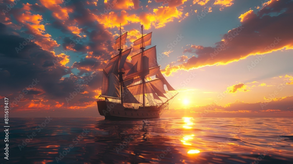 Fototapeta premium huge sailing ship in full sails in the open ocean, 