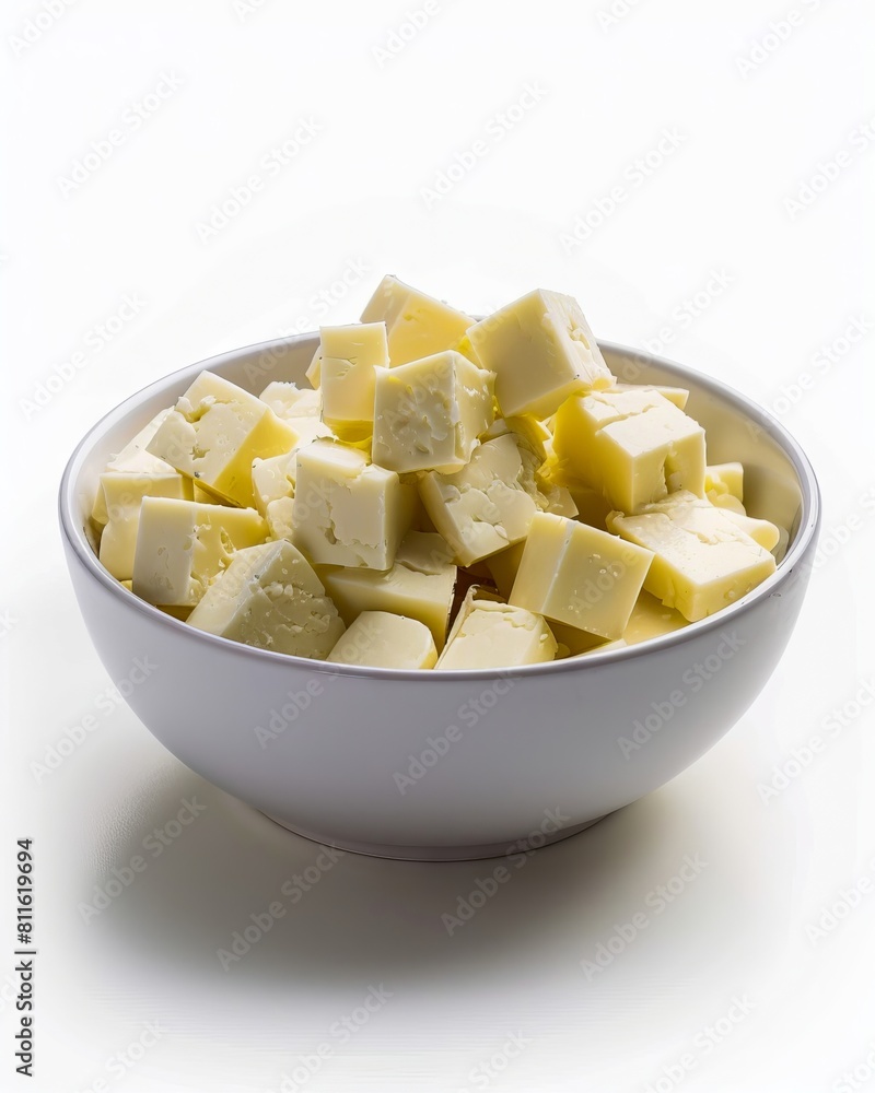A bowl of cubed cheese on a white background. A bowl of cubed cheese on a white background.
