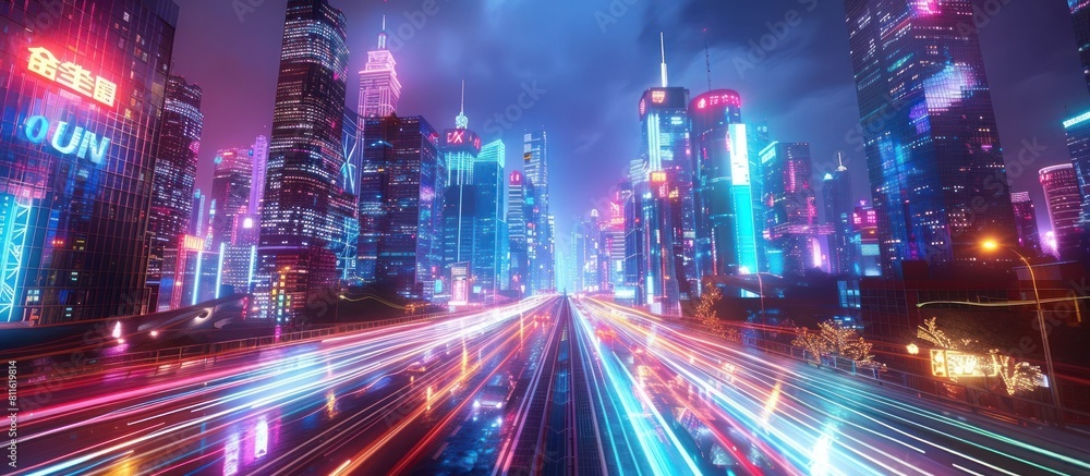 Dynamic Futuristic Cityscape with Illuminated Skyscrapers and Light Trails