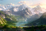 Dawn's Serenity: Serene Sunrise Over Snow-Capped Mountains and Crystal-Clear Lake in Vibrant Meadow