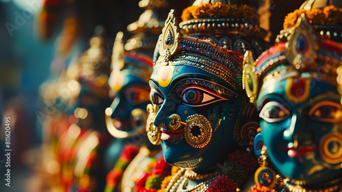 A row of colorful statues in front of a temple. photo