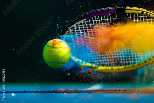 A tennis racket is hitting a ball with colored powder.