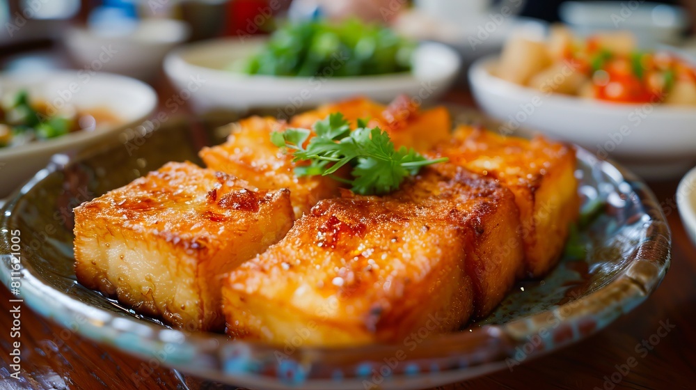 A plate of tofu on a wooden table.