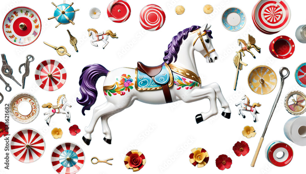 carousel horse circus roundabout vintage cartoon entertainment amusement carnival tent fun illustration park watercolor luna retro childish childhood blue baby white hand-drawn painting attraction