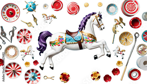 Obraz na płótnie carousel horse circus roundabout vintage cartoon entertainment amusement carnival tent fun illustration park watercolor luna retro childish childhood blue baby white hand-drawn painting attraction w salonie