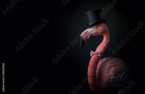 Flamingo in top hat on dark background