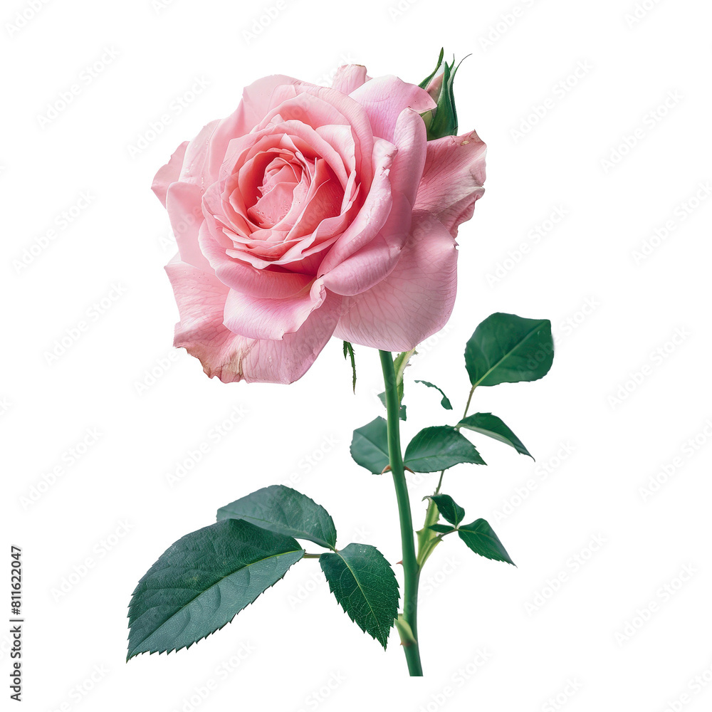 Obraz premium Pink rose with leaves on the stem isolated on transparent background 