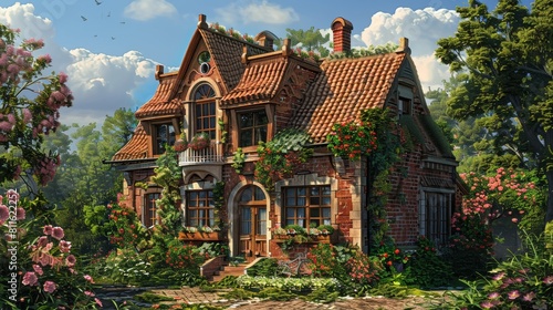 Digital Painting of a quaint brick villa with a lush garden