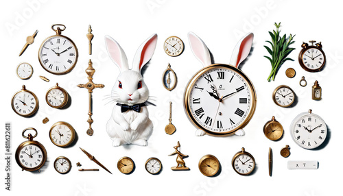 Obraz na płótnie clock rabbit white time wonderland animal character delay timetable illustration fable story fantastic fantasy elegance phantasmagoric pocket watch background w salonie