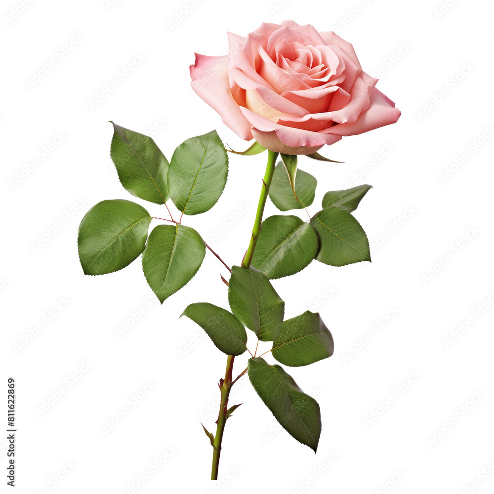 Fototapeta premium Pink rose with leaves on the stem isolated on transparent background 