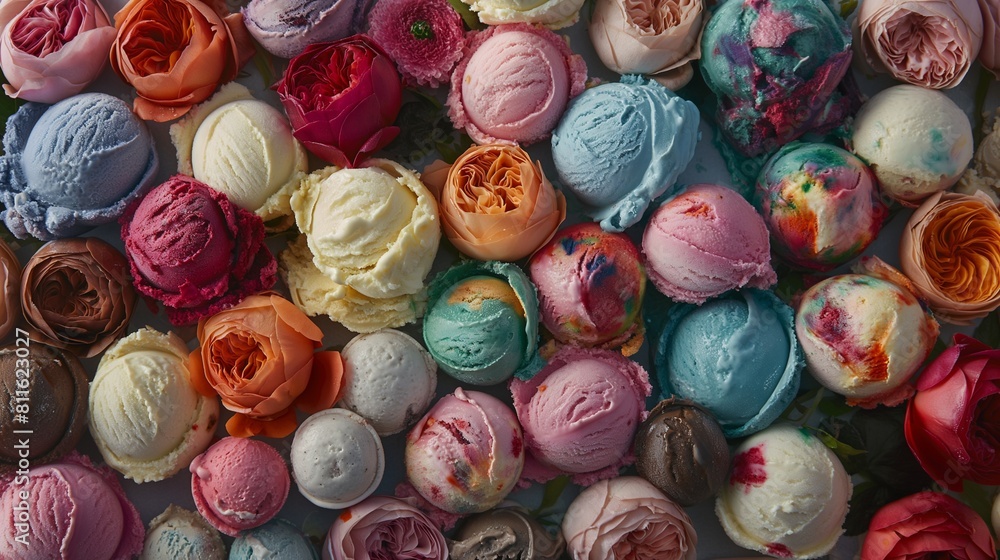 Artfully arranged ice cream scoops in a variety of flavors, resembling a vibrant floral bouquet in edible form